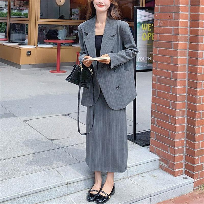 灰色条纹西装套装裙女2026年春秋季新款高级感西服外套半身裙两件
