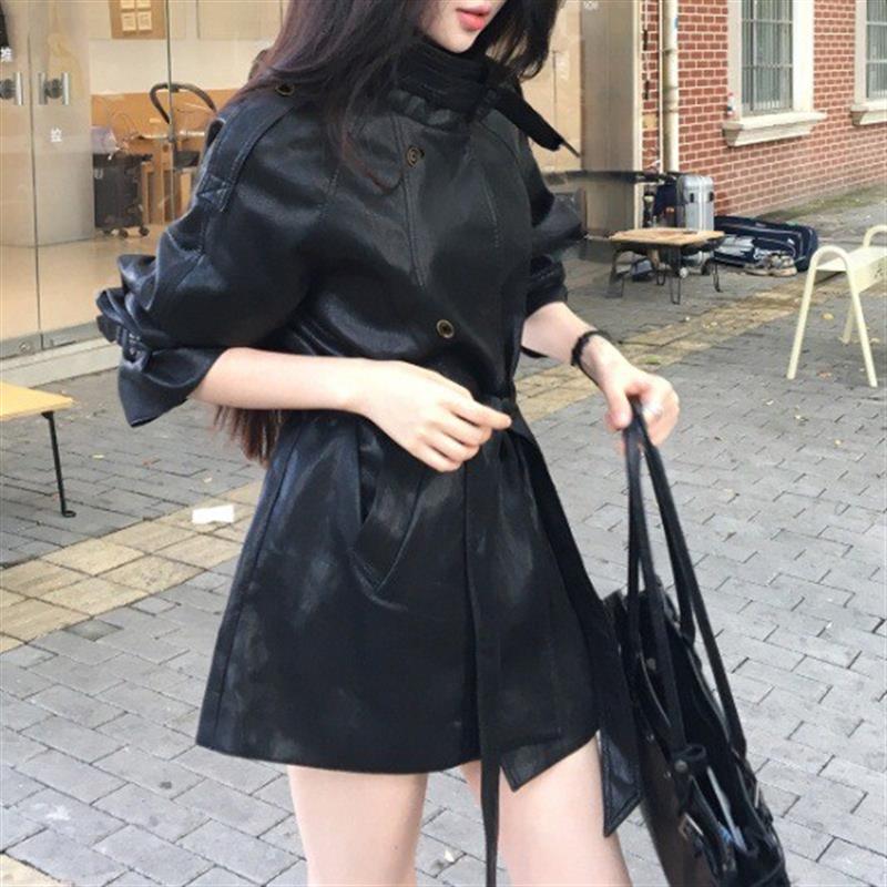 2026年韩版中长款黑色PU皮衣女秋冬新款立领皮夹克腰带款风衣外套