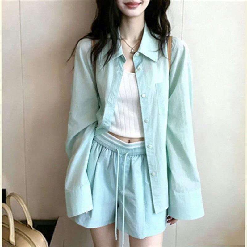 时尚气质穿搭一整套新款绿色休闲运动服衬衫短裤两件套装女小个子