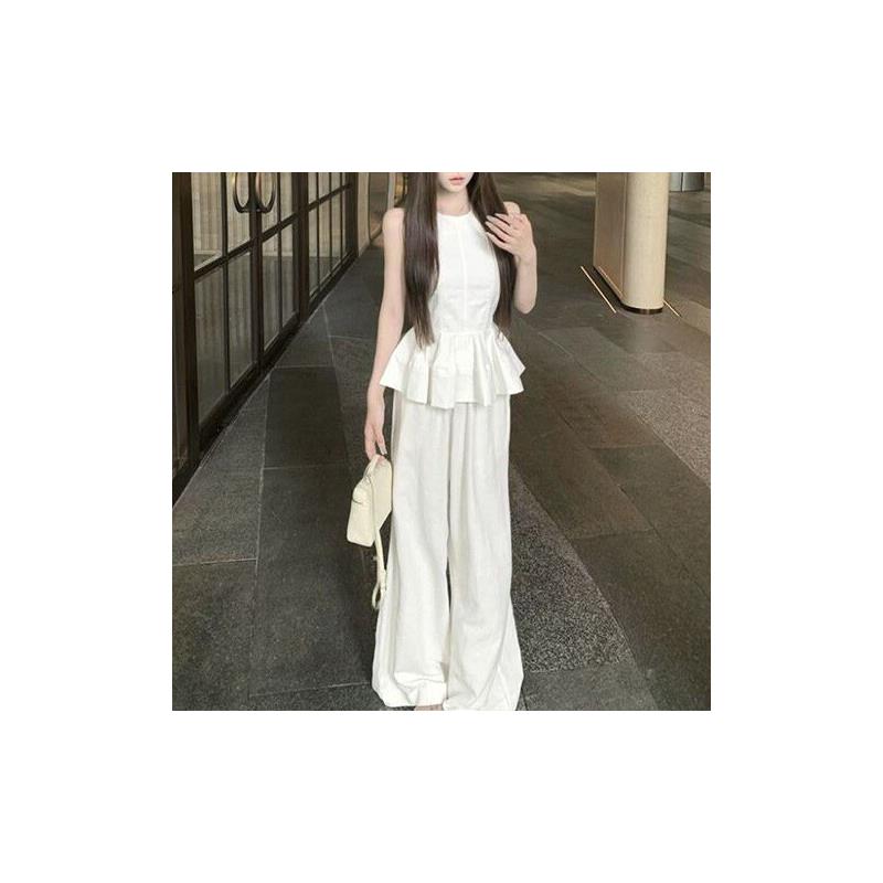 甜美套装荷叶边白色无袖背心女2026夏季穿搭休闲阔腿裤长裤两件套