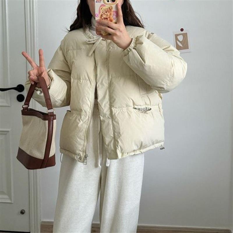系带减龄圆领棉服女短款2026年新款小个子冬季花边面包服外套ins