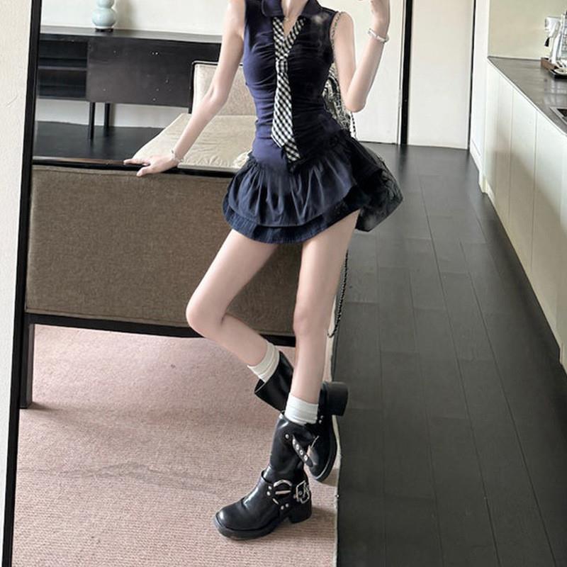 韩系甜辣妹格纹领带修身上衣蛋糕半身短裙2026夏季新款时尚套装女
