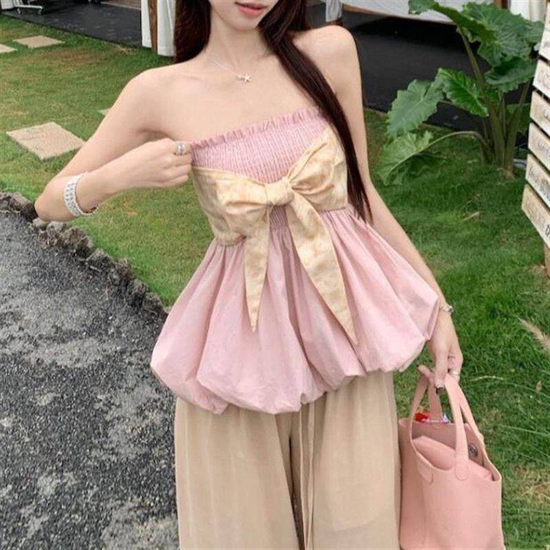 法式粉色蝴蝶结抹胸背心女夏初恋系甜美度假风无袖花苞短款小上衣