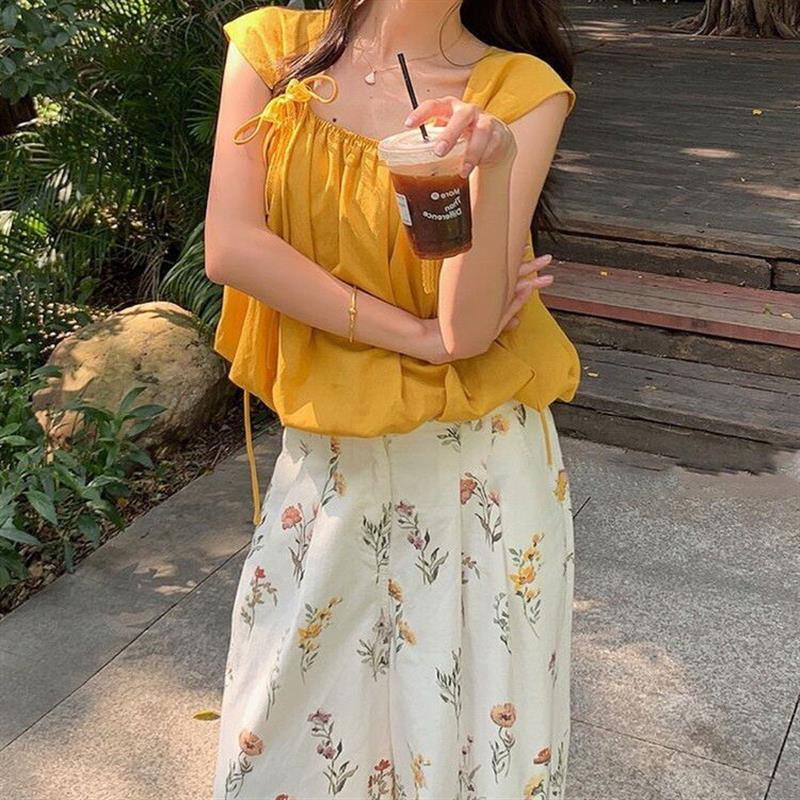 法式蝴蝶结方领无袖衬衫女夏宽松设计感小众洋气小衫别致短款上衣