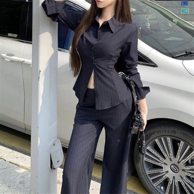 御姐高级感套装气质polo领长袖条纹衬衫女春季微喇叭休闲裤两件套