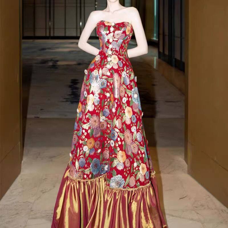 晨袍女新娘复古轻婚纱轻奢高端名媛礼服订婚结婚红色敬酒服连衣裙