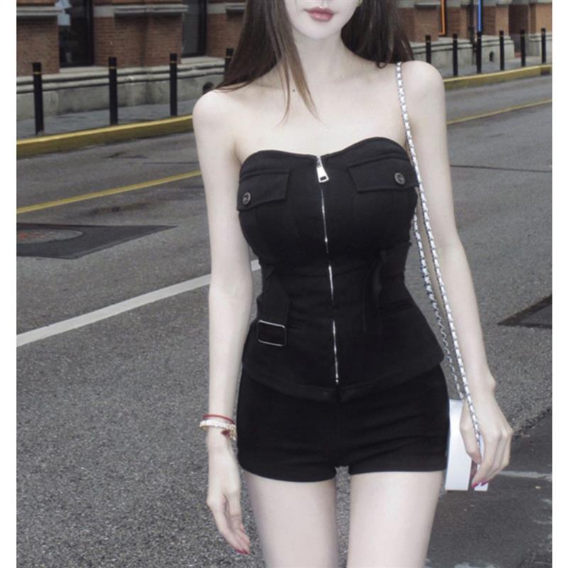 黑色抹胸背心女夏季设计感小众修身甜酷性感辣妹短款无袖拉链上衣