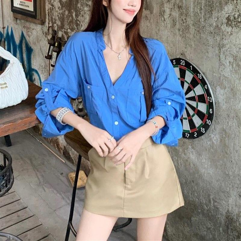 老钱风蓝色立领长袖衬衫女夏季设计感小众薄款宽松百搭防晒上衣服