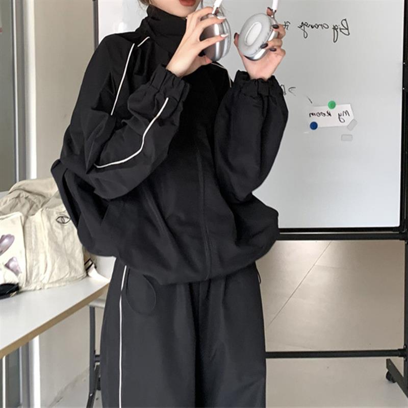 黑色运动服套装女2026春秋季小众设计感抽绳束脚阔腿裤休闲套装
