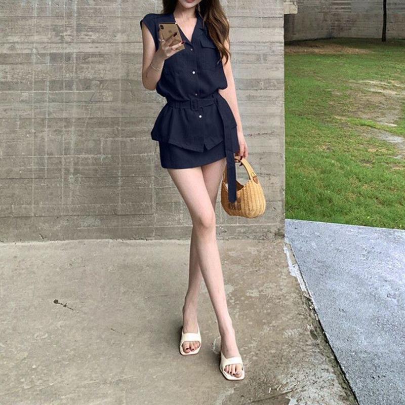 老钱风套装绑带翻领无袖衬衫上衣女夏季气质高腰包臀半身裙两件套