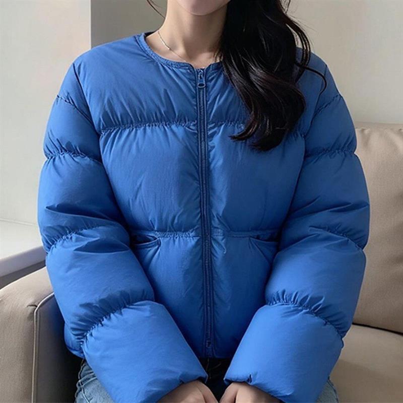 宝蓝色圆领短款棉服女款2026冬季小个子独特漂亮面包服外套秋冬