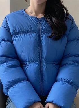 宝蓝色圆领短款棉服女款2026冬季小个子独特漂亮面包服外套秋冬