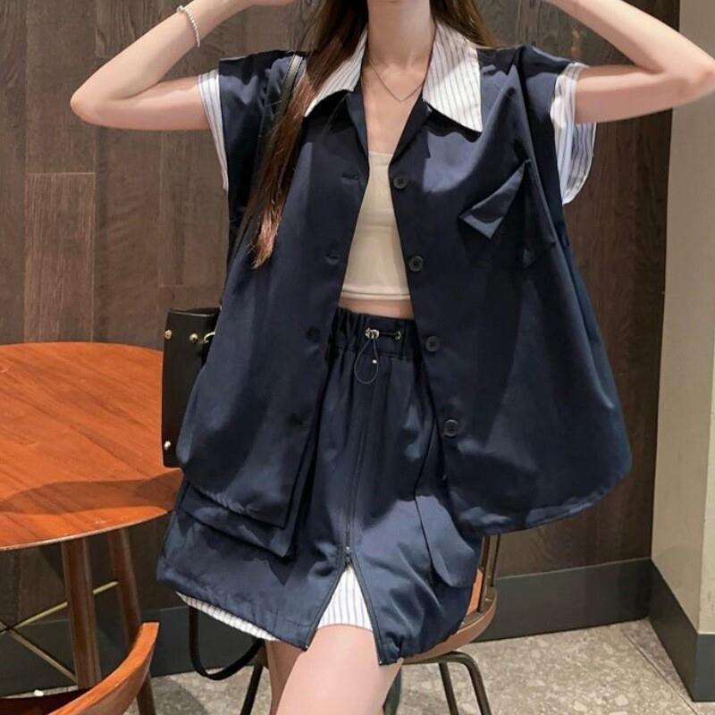 拼接撞色无袖马甲衬衫上衣女夏季套装工装休闲a字半身短裙两件套