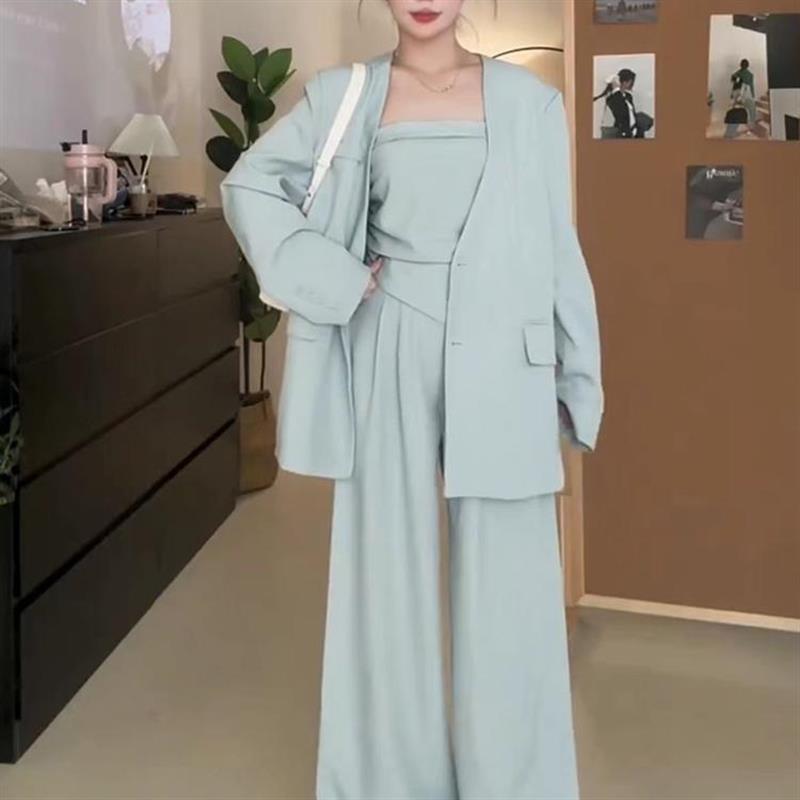 欧货时尚气质西服两件套秋季新款不规则修身抹胸背心阔腿西裤套装