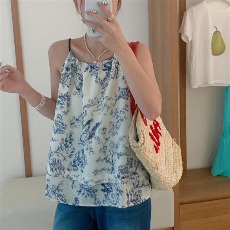 韩系2026青花瓷碎花无袖复古印花吊带小背心女装夏季新款上衣小衫