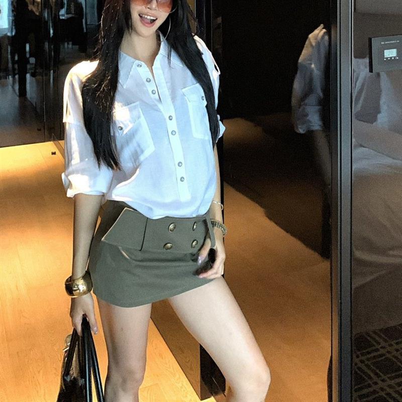 白色套装polo领长袖衬衫女春秋时尚百搭宽松衬衣小众休闲开衫上衣