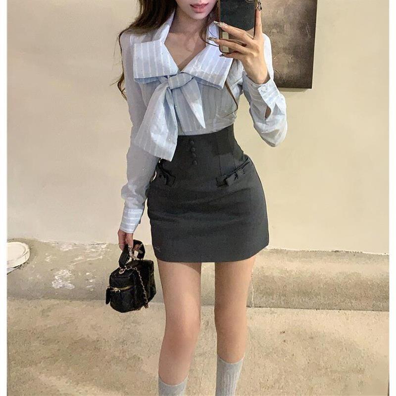 高级感条纹小众长袖衬衫蝴蝶结高腰显瘦半身裙女春季新款时尚套装