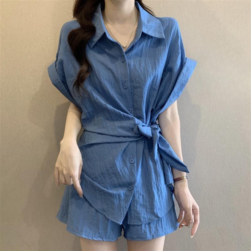 百搭女装夏季时尚感显瘦遮肉设计感系带收腰短袖衬衫短裤两件套装