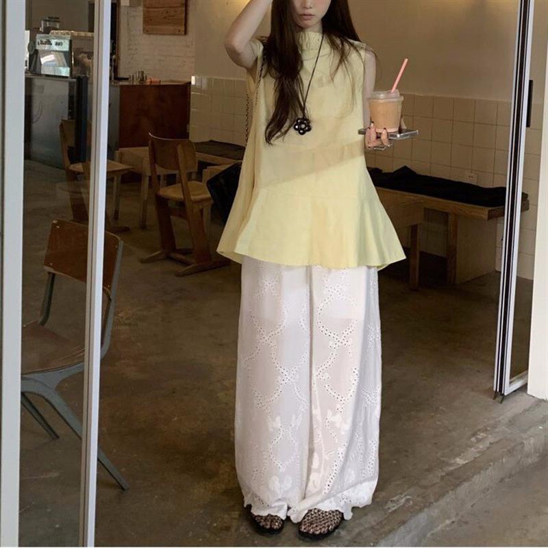 夏日绝美套装穿搭女韩系前后两穿V领无袖衬衫+百搭气质白色阔腿裤