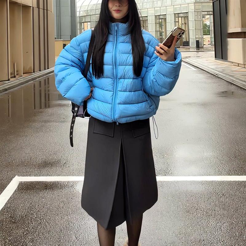 韩系立领蓝色短款棉服女装2026年冬季新款气质显瘦百搭面包服外套