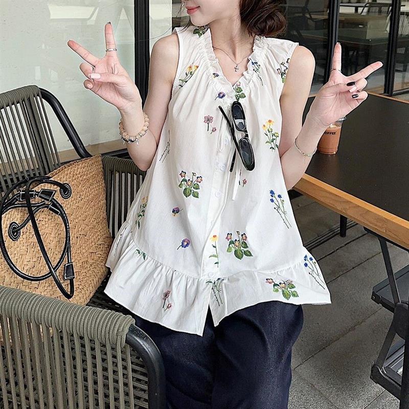 木耳边印花系带衬衫女2026夏季新款小清新显瘦减龄荷叶边别致小衫