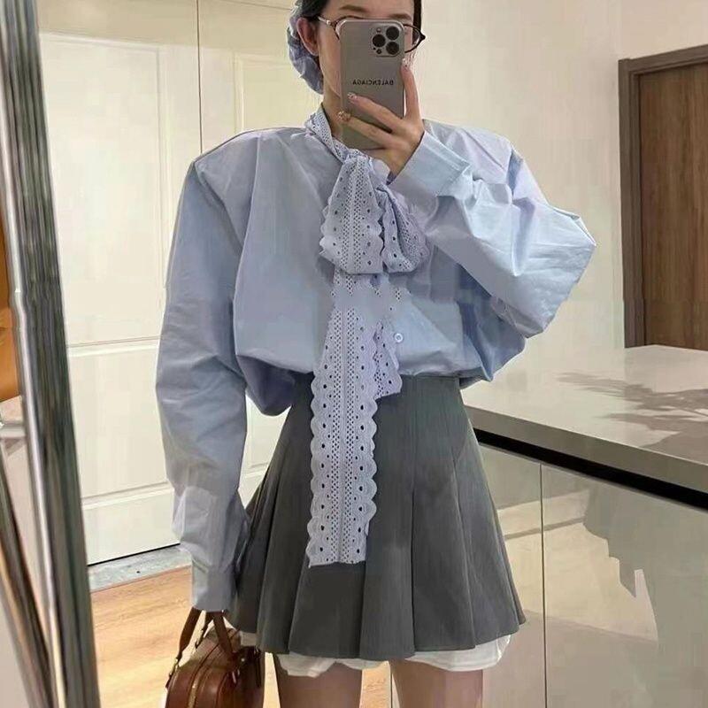 十三行蝴蝶结蓝色衬衫女高级感2026年新款春秋穿搭长袖韩版上衣