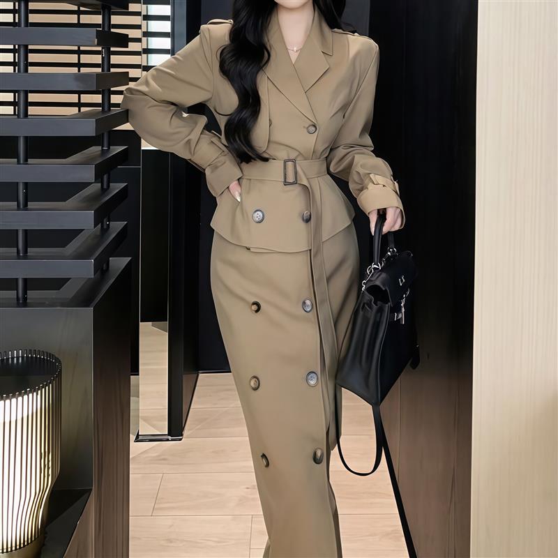 卡其色双排扣风衣短外套女秋冬气质时尚套装包臀半身裙长裙两件套