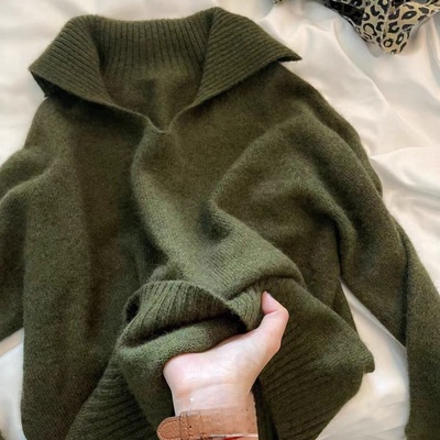 墨绿色绵羊毛翻领毛衣女秋冬保暖