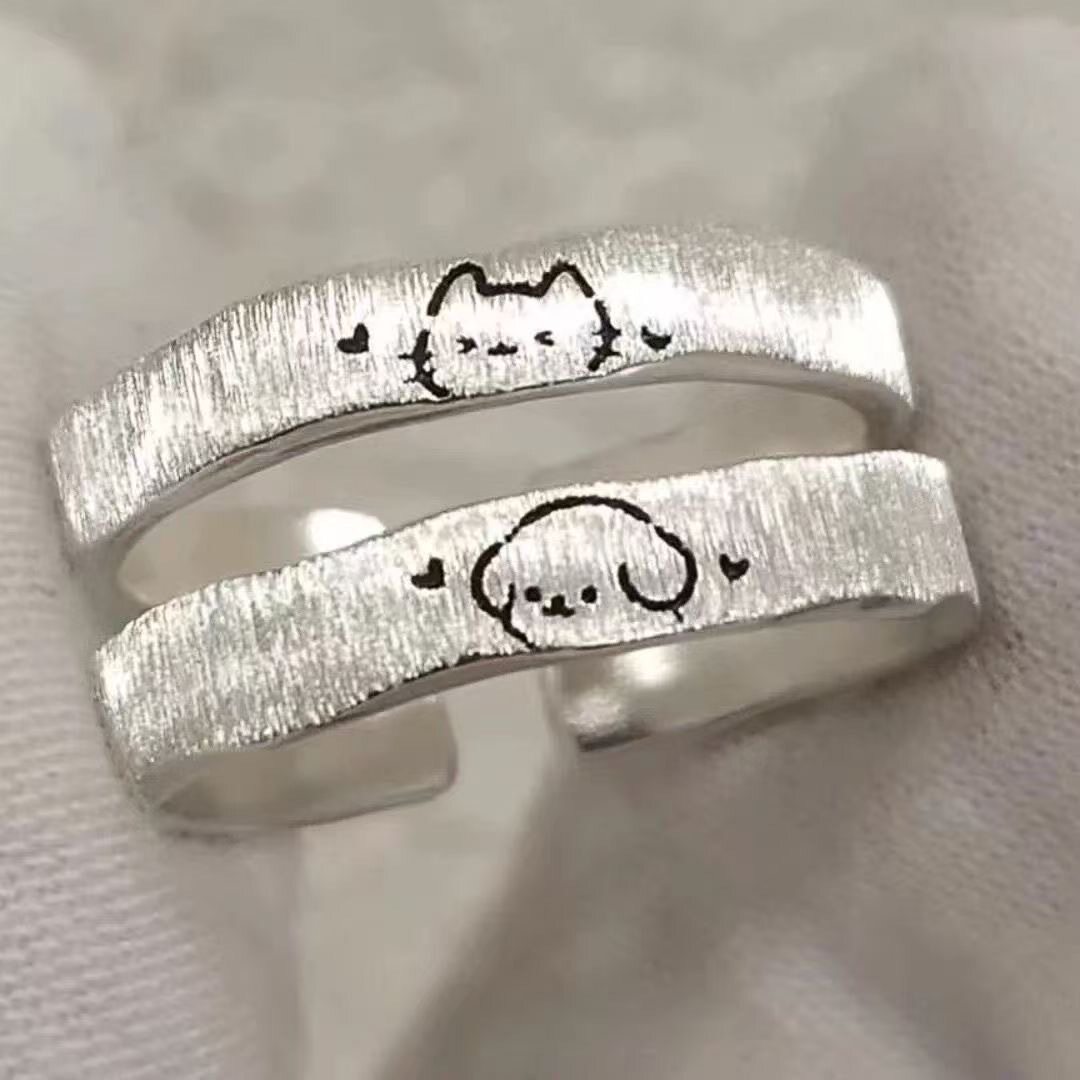 J640可爱猫咪小狗对戒拉丝素圈开口戒指情侣纪念日礼物小众设计感