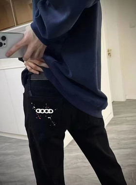 秋冬季欧美潮牌GOD印花字母牛仔裤男潮流修身百搭休闲黑色长裤子