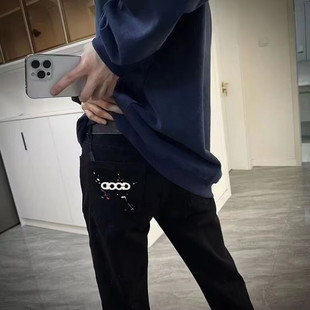 百搭休闲黑色长裤 男潮流修身 子 欧美潮牌GOD印花字母牛仔裤 秋冬季