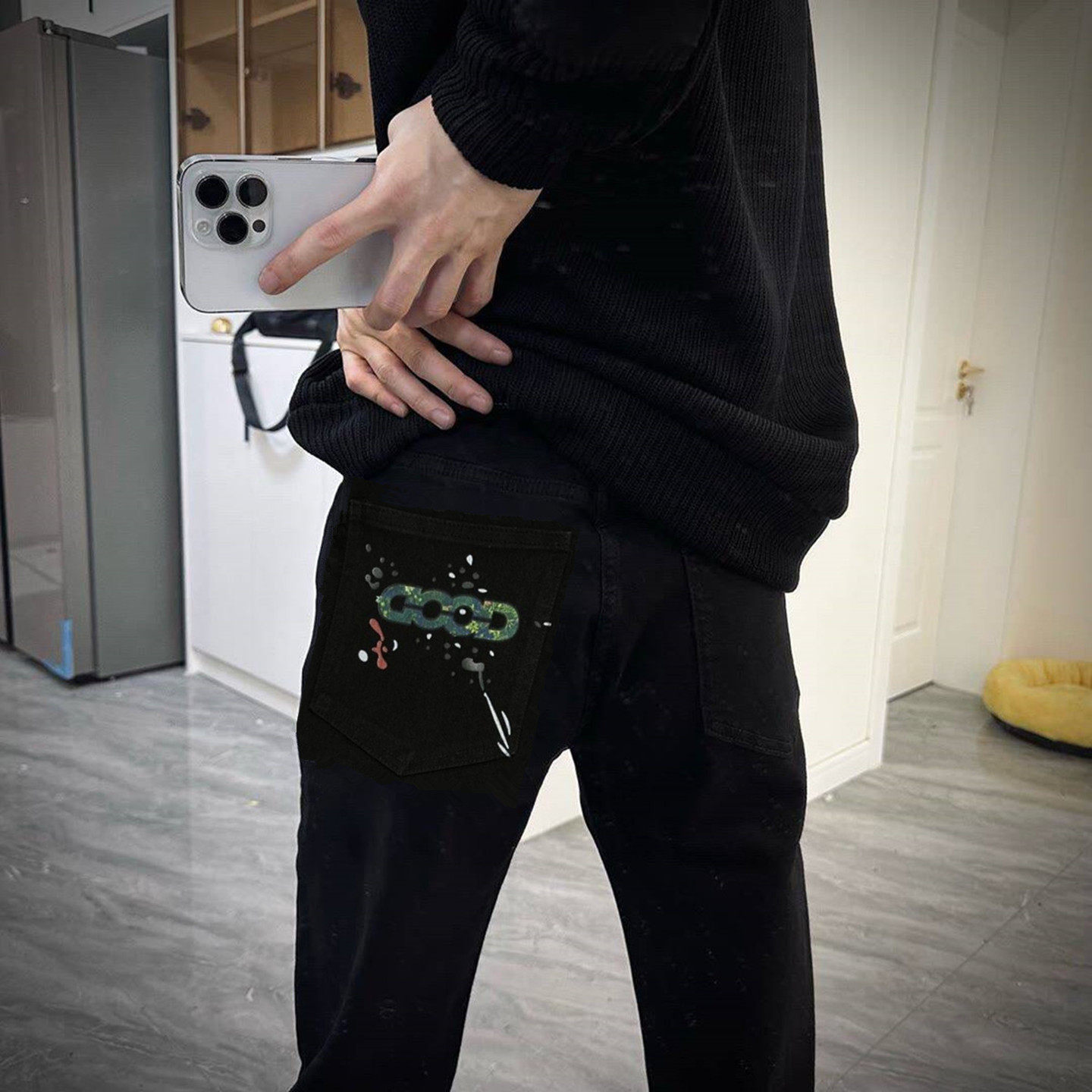 秋冬季欧美潮牌GOD印花字母牛仔裤男潮流修身网红同款休闲长裤子