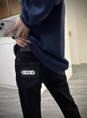 潮牌GOD烫钻柳丁镶珠牛仔裤男潮