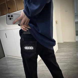 直筒休闲长裤 潮流修身 子 男秋冬季 欧美潮牌GOD烫钻柳丁镶珠牛仔裤
