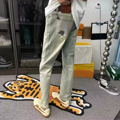 秋冬款印花图案牛仔裤男潮牌网红同款黄泥马直筒休闲小脚九分裤子