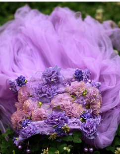 小女孩儿童皇冠花环婚礼头纱日韩式公主长款短款发光蕾丝发箍紫色