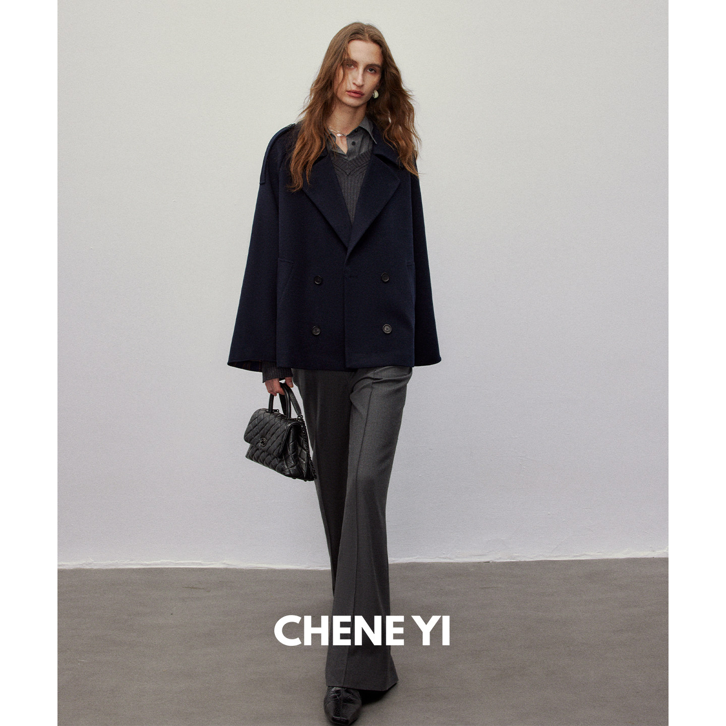 CHENE YI 格纹拼接短款廓形肩章风衣大衣女士小个子羊毛毛呢外套