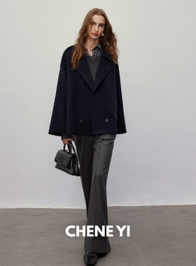 CHENE YI 格纹拼接短款廓形肩章风衣大衣女士小个子羊毛毛呢外套