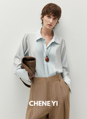 CHENE YI 轻透感桑蚕丝混纺复古塔克褶长袖设计感衬衫外套女上衣