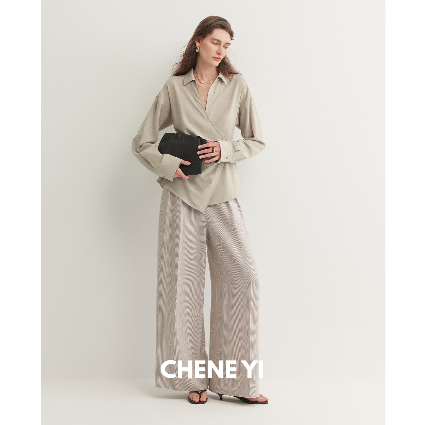 CHENE YI日本进口莱赛尔棉麻混纺中腰双压褶条纹轻薄休闲阔腿裤女