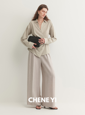 CHENE YI日本进口莱赛尔棉麻混纺中腰双压褶条纹轻薄休闲阔腿裤女