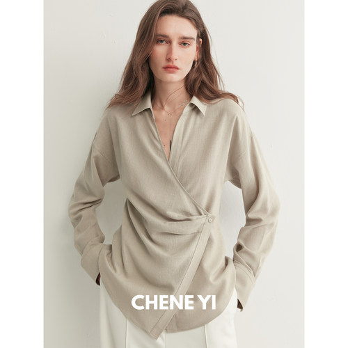 CHENE YI 休闲松弛氛围感斜门襟围裹式衬衫女设计感显瘦上衣外套