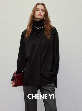 CHENE YI 精致优雅佰搭造型感珍珠扣羊毛混纺宽松长袖衬衫女上衣