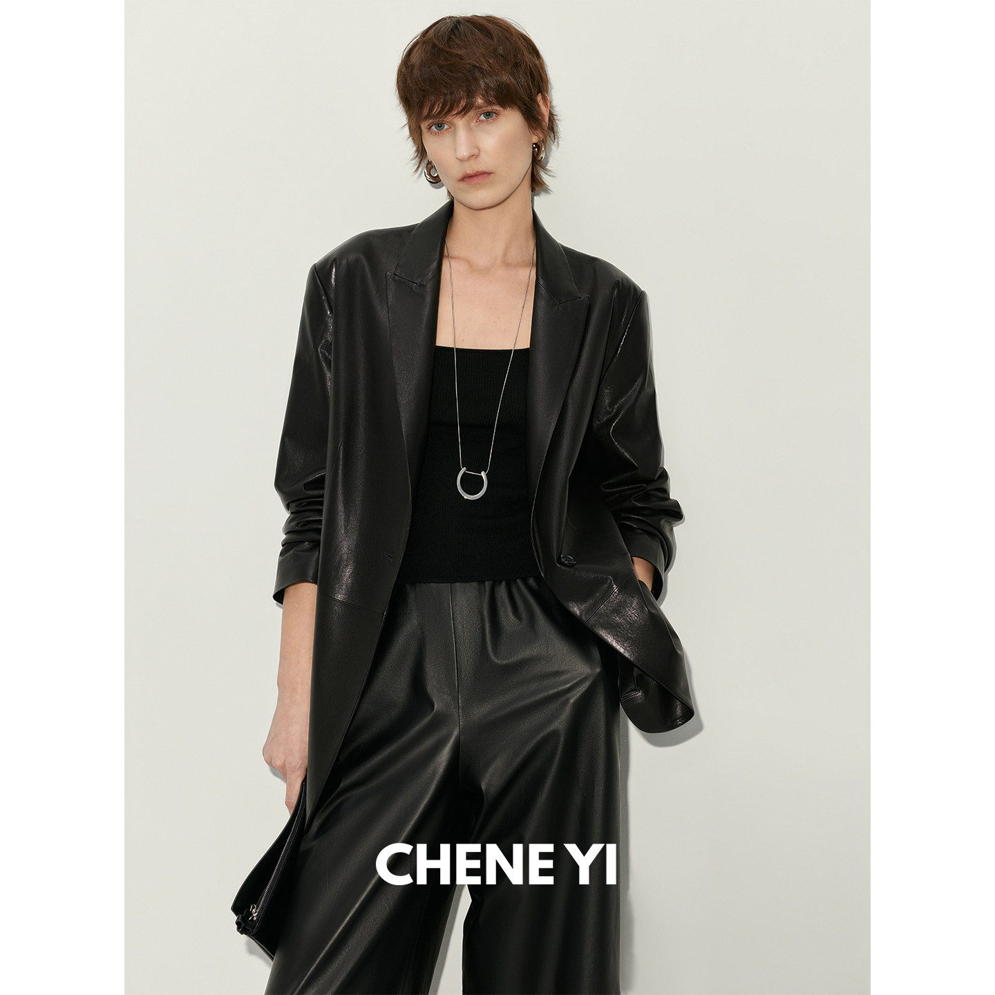 CHENE YI 英国进口全植鞣羊皮一粒扣戗驳领设计感真皮西装外套女