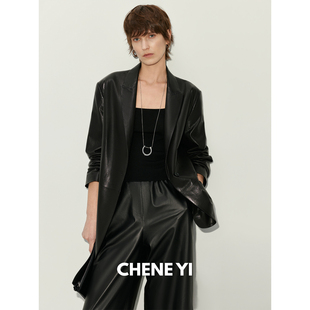 外套女 英国进口全植鞣羊皮一粒扣戗驳领设计感真皮西装 CHENE