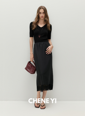 CHENE YI 静奢风15mm真丝拼浮雕蕾丝花边设计感松紧腰半身裙子女