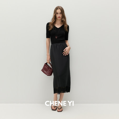 CHENE YI 静奢风15mm真丝拼浮雕蕾丝花边设计感松紧腰半身裙子女