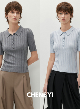 CHENE YI 康赛妮羊绒桑蚕丝混纺宽坑条中袖POLO衫女针织T恤上衣