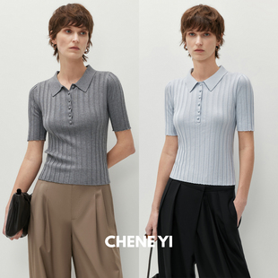 CHENE YI 康赛妮羊绒桑蚕丝混纺宽坑条中袖POLO衫女针织T恤上衣