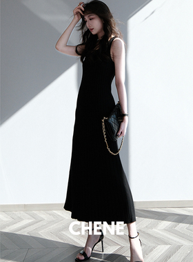 CHENE伊伊环葆亚麻混纺纱线A摆针织坑条无袖方领连衣裙女可机洗